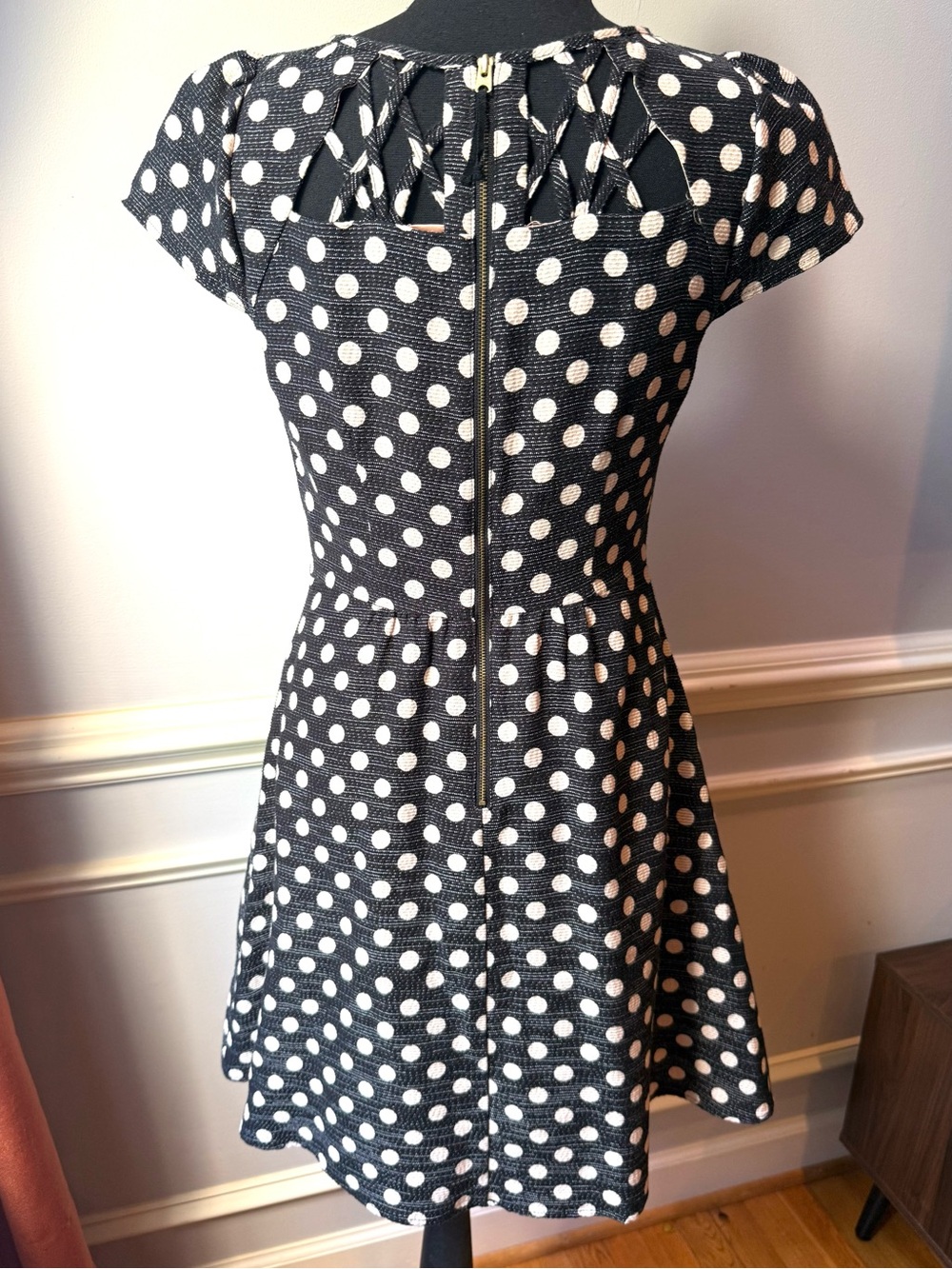 Maeve Anthropologie Polka Dot Fit & Flare Dress Lattice Cutout Detail Size 4 - Picture 2 of 12
